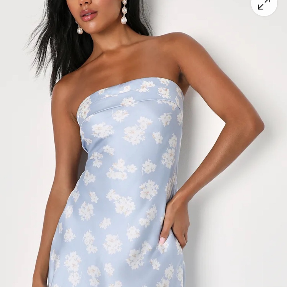 Sweet Status Light Blue Floral Satin Strapless Cutout Mini Dress
